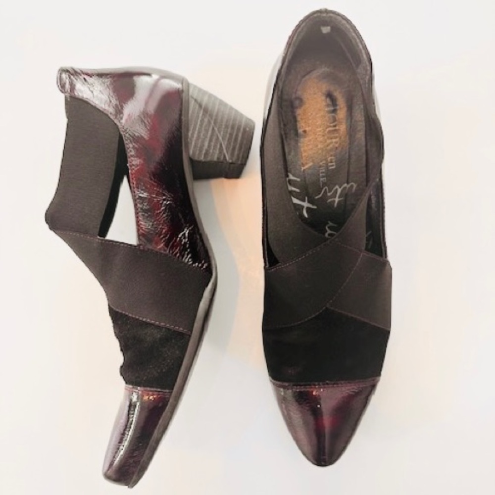 TOUR EN VILLE Shoe Burgundy Patent Black Suede Stretchy X Straps Sz 39 8.5